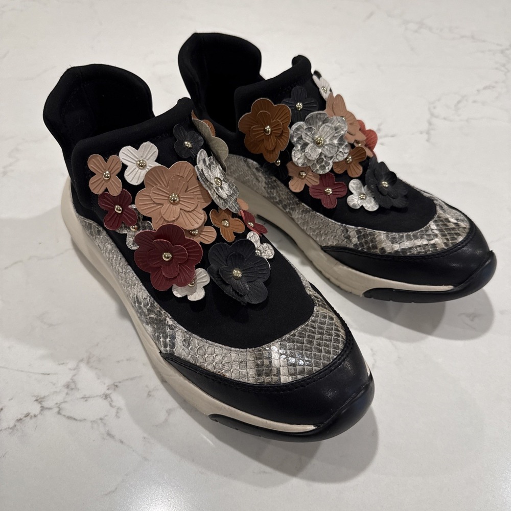 Nine West Floral Embellished Sneakers Womens Snakeskin Texture Fashion Shoes 8.5